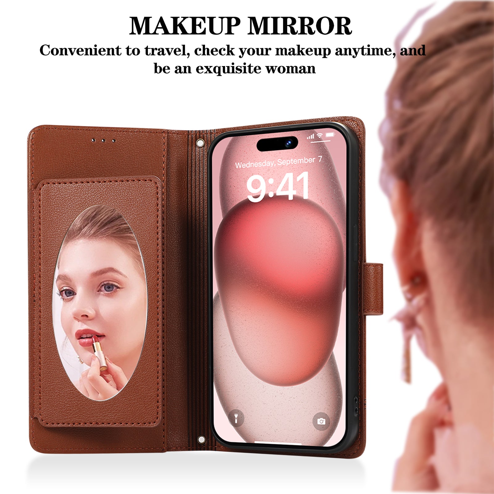 For iPhone 15 Pro Cell Phone Case Lines Imprinted PU Leather Cover with Mirror - Brown For iPhone 15 Pro Cell Phone Case Lines Imprinted PU Leather Cover with Mirror - Brown